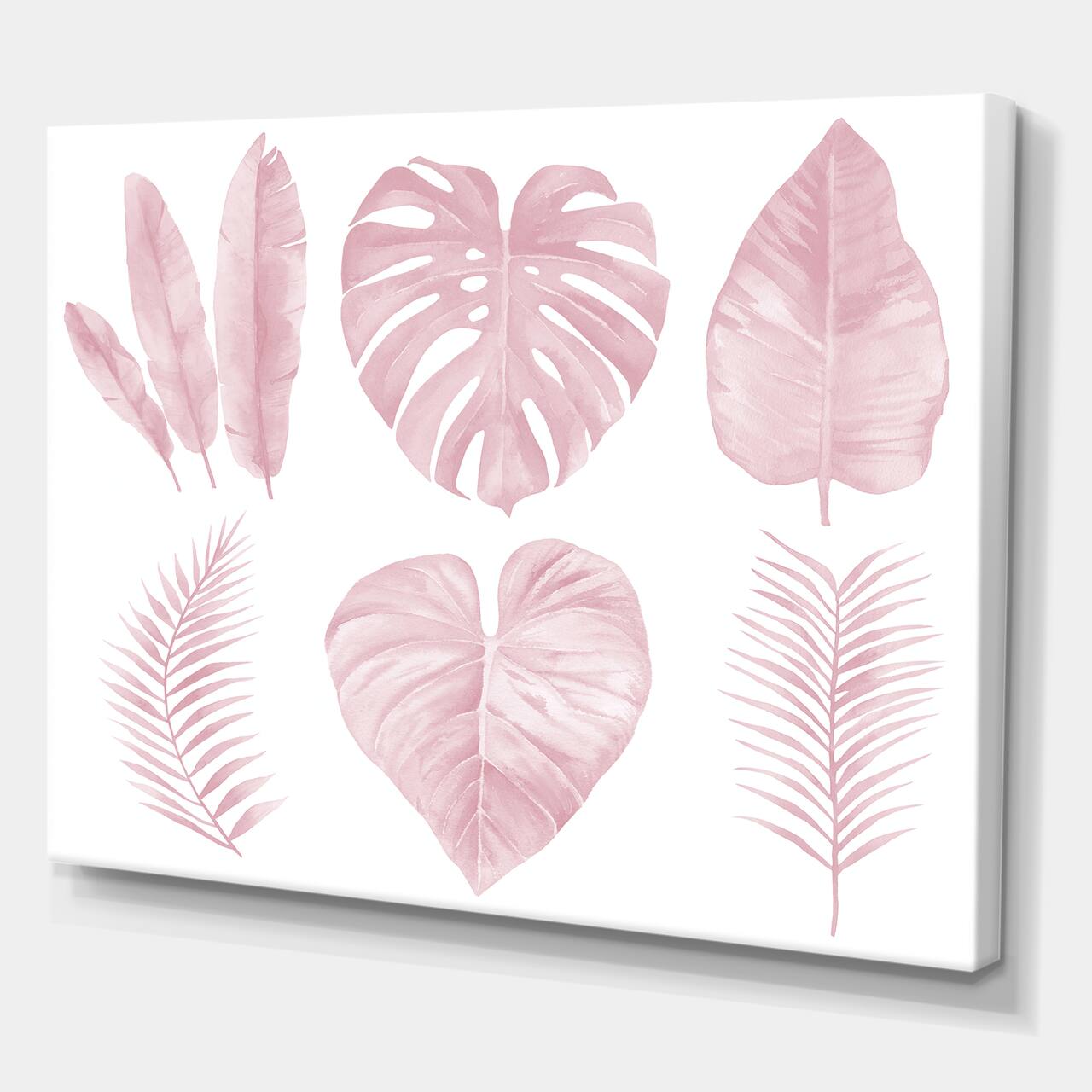 Designart - Tropical Pink Watercolour Leaves I - Shabby Chic Canvas Wall Art Print